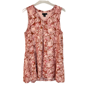 Tahari 100% Linen Pink Leaf Print V-Neck Trapeze Dress XL Lined Pockets Tropical